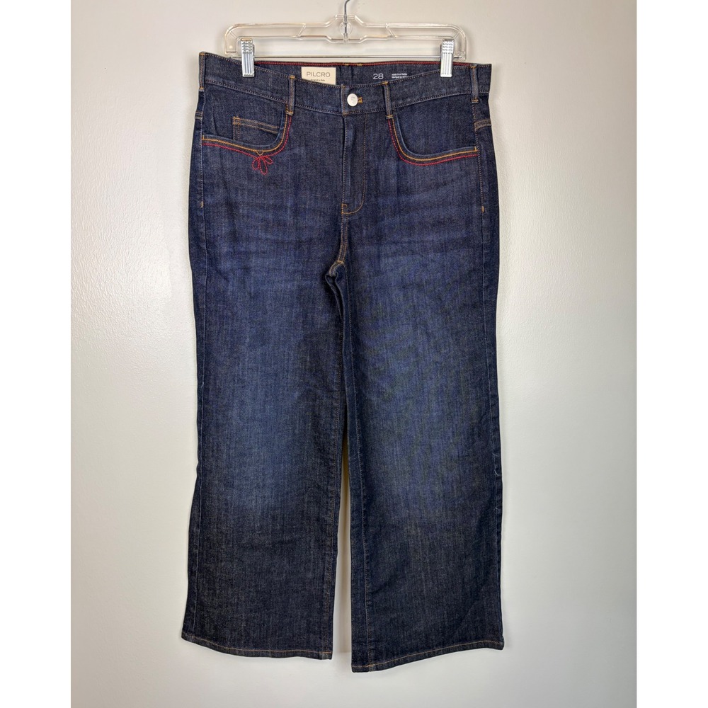 Pilcro Anthropologie Dark Wash Wide Leg Jeans 28 Floral Embroidered Boho Sample